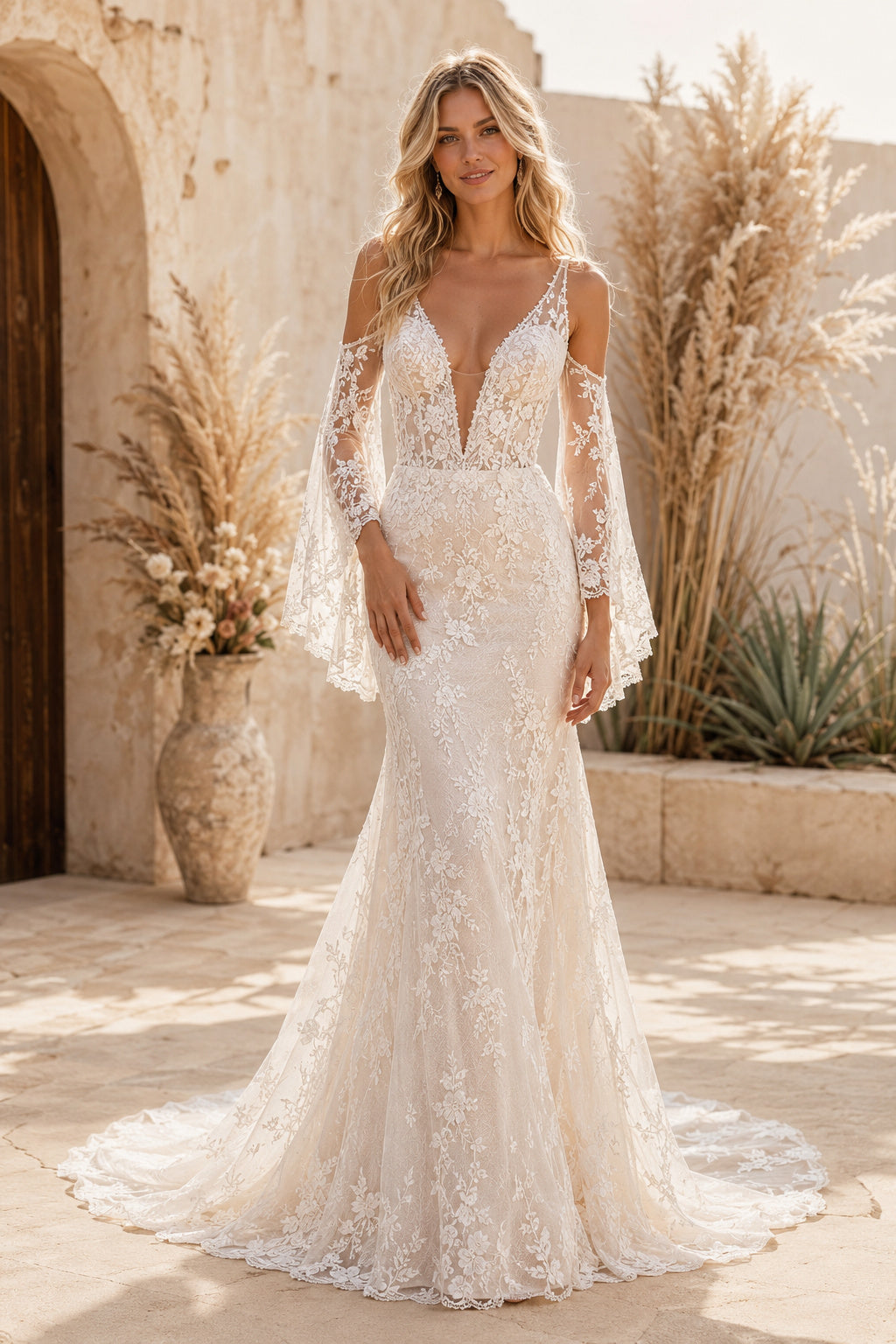 Ivory Boho V-Neck Mermaid Allover Lace Wedding Dress with Long Bell Sleeves and Sweep Train front view