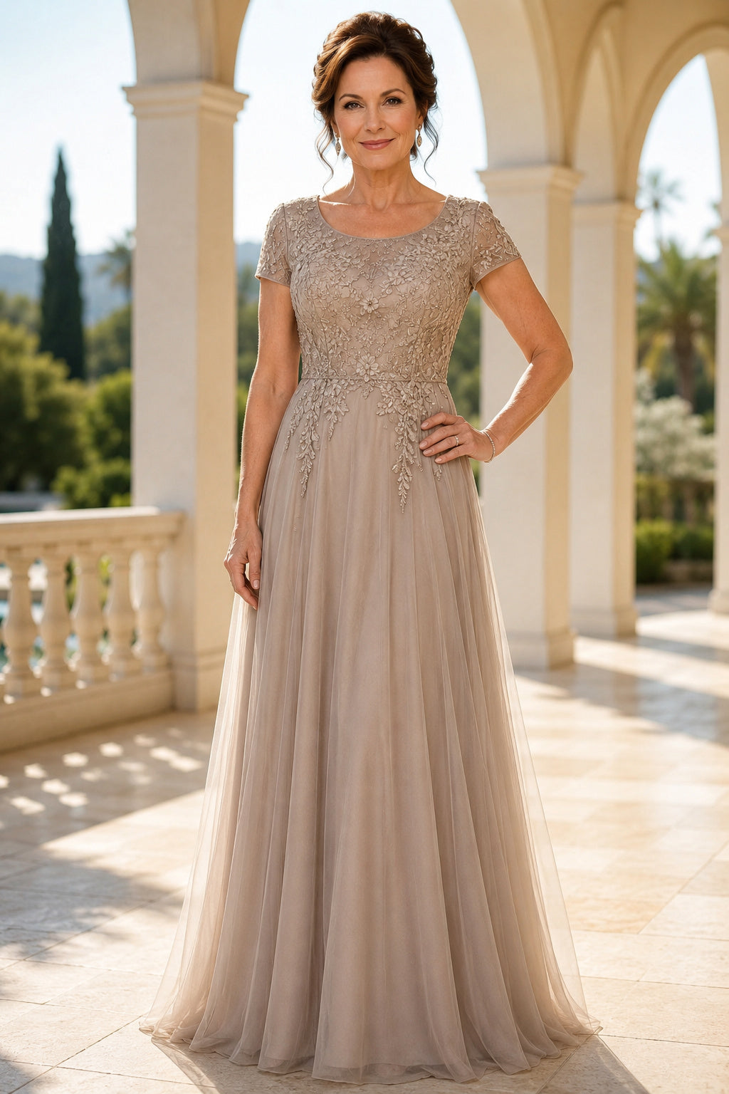 Taupe Beaded Bodice A-Line Mother Dress with Short Sleeves and Tulle Skirt front view
