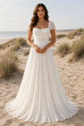 Square Neck Cap Sleeve A-Line Wedding Dress with Lace Bodice and Chiffon Train for Beach Garden Ceremony front view