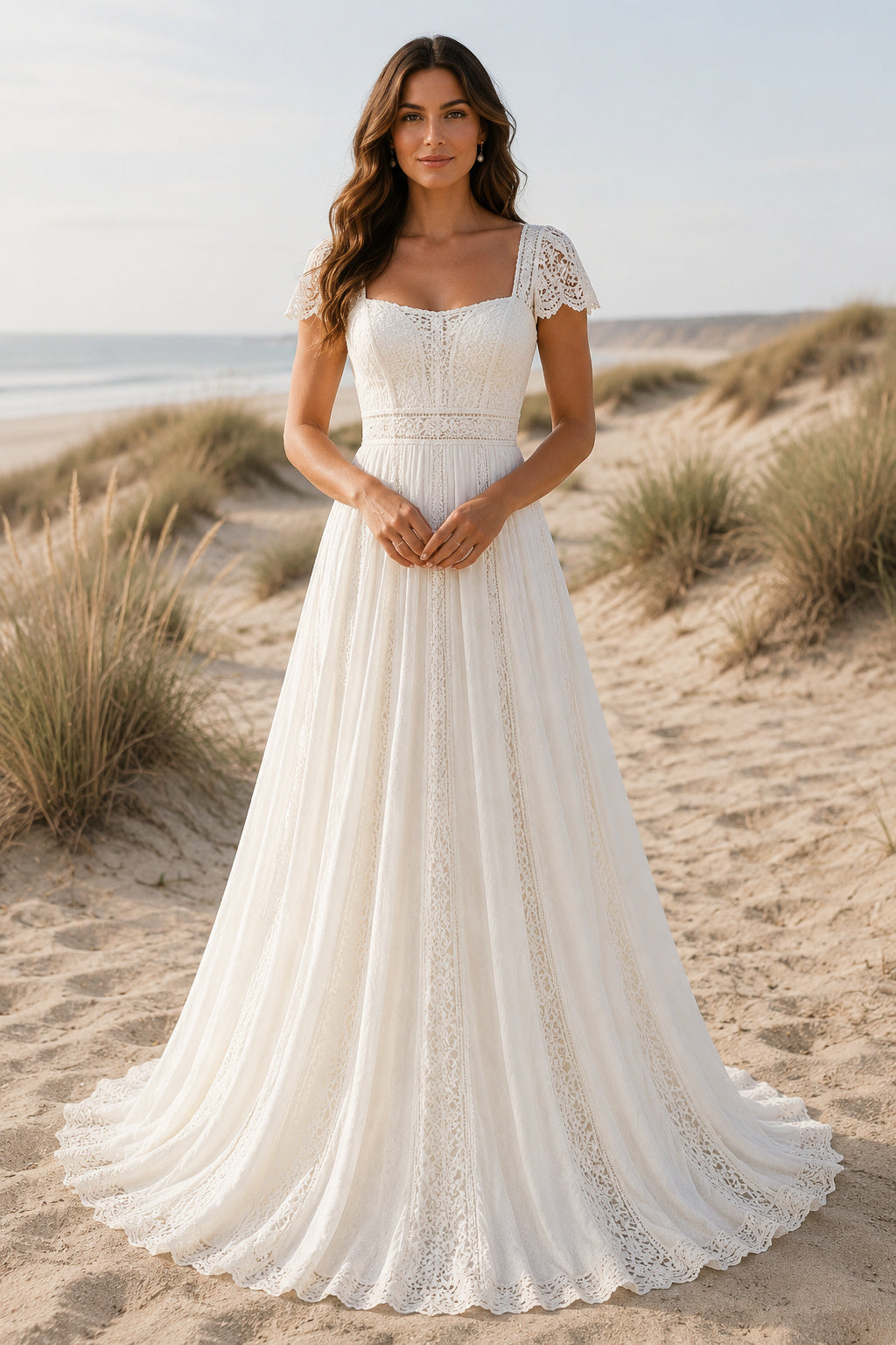 Square Neck Cap Sleeve A-Line Wedding Dress with Lace Bodice and Chiffon Train for Beach Garden Ceremony front view