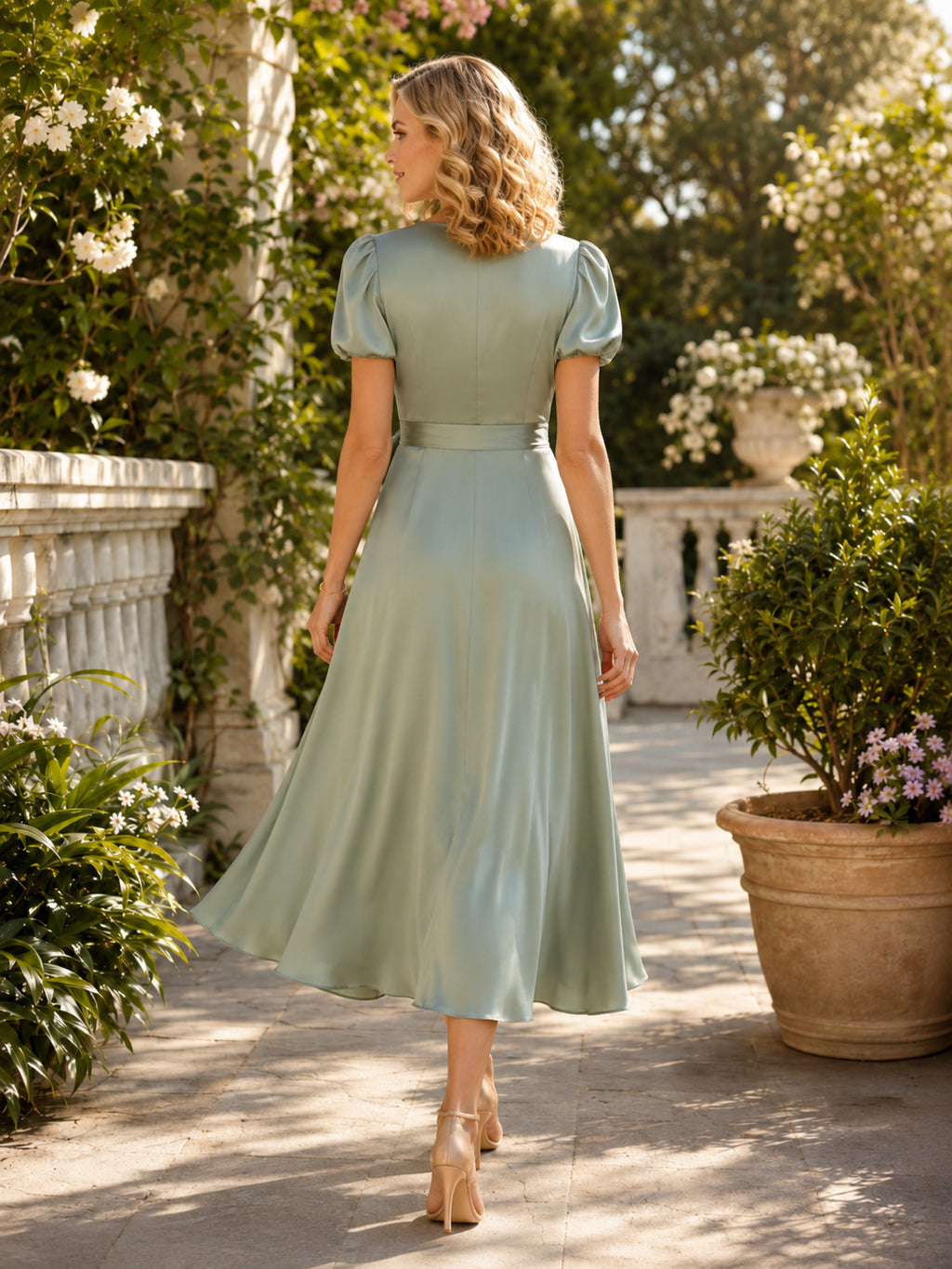 Sage Chiffon Cap Sleeve Tea-length Guest Dress back view