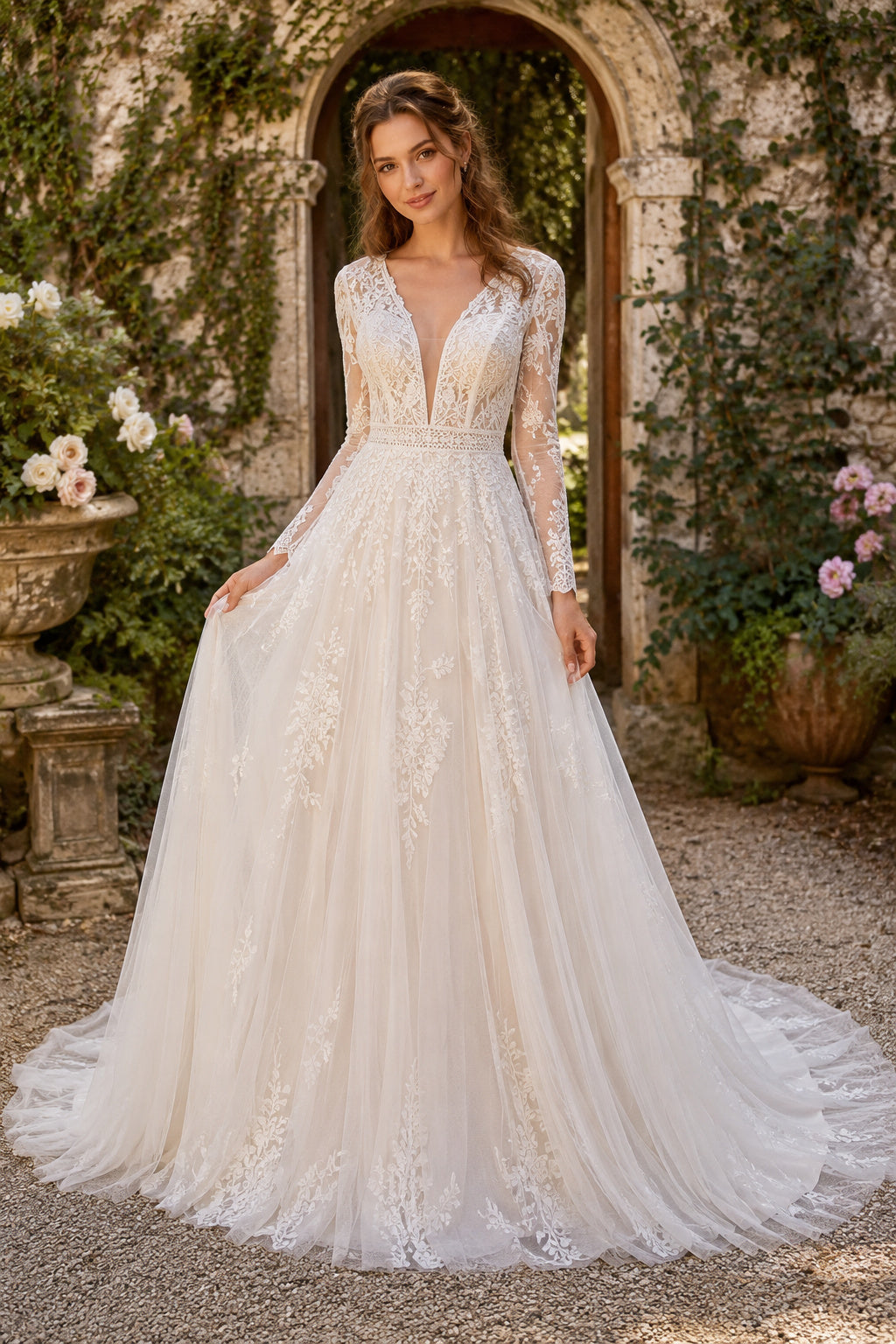 Ivory Long Sleeve V-Neck Illusion Lace A-Line Wedding Dress with Sweep Train front view