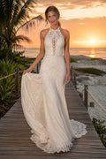 Ivory Halter High Neck Lace Mermaid Wedding Dress Backless Train for Bridal Ceremony and Reception front view