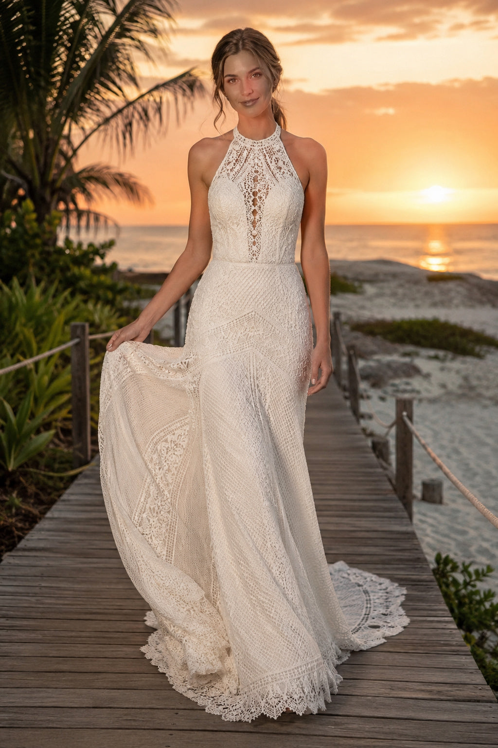 Ivory Halter High Neck Lace Mermaid Wedding Dress Backless Train for Bridal Ceremony and Reception front view