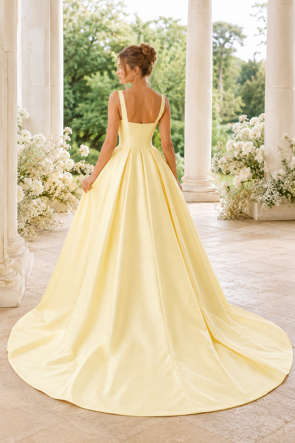Prom Dress Daffodil Satin Ball Gown Square Neck Sleeveless Sweep Train back view
