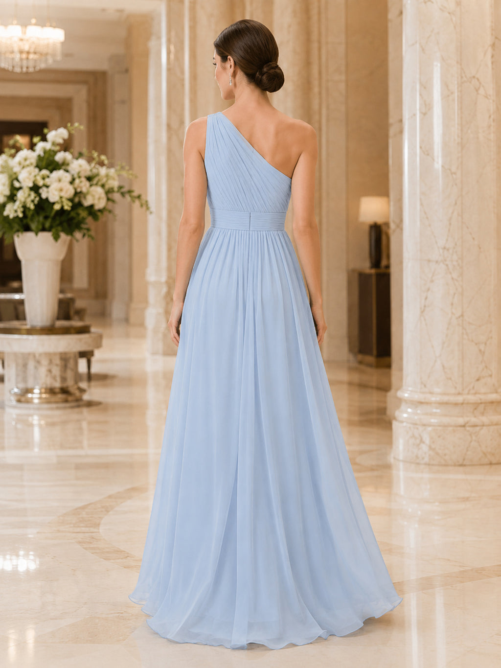 Sky Blue Chiffon One Shoulder A-Line Evening Dress back view