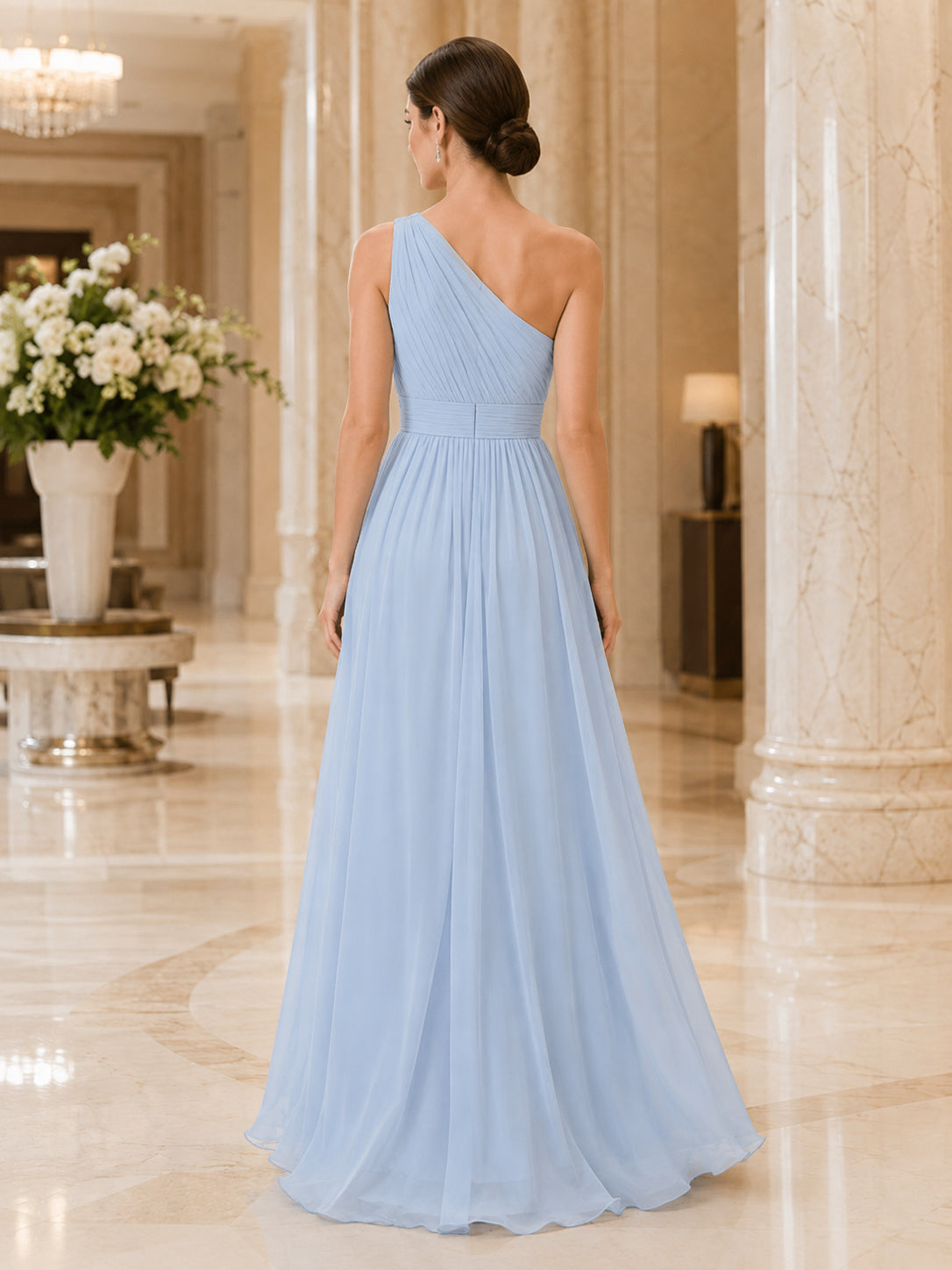 Sky Blue Chiffon One Shoulder A-Line Evening Dress back view