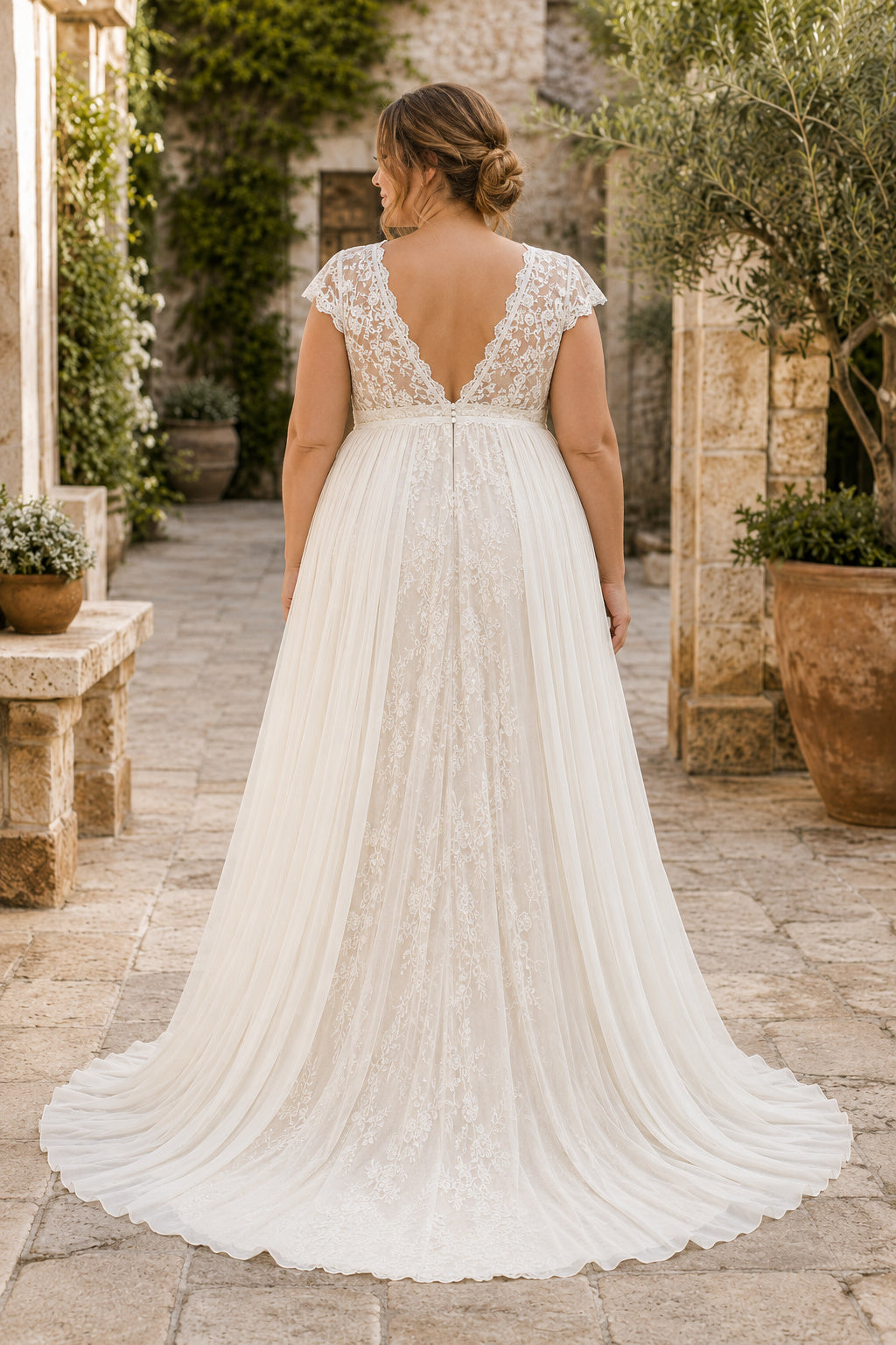 Ivory Plus Size Maternity V-Neck Cap Sleeve Lace A-Line Wedding Dress with Train back view