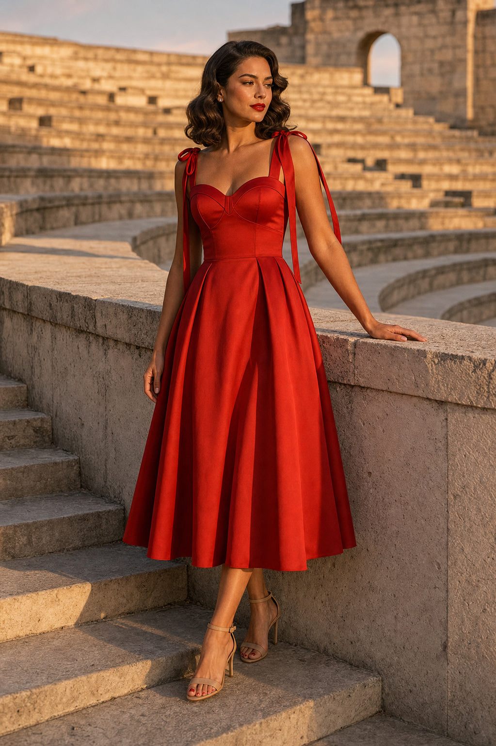 Red V-neck Sleeveless A-Line Satin Tea-Length Dress With Bow Shoulder Ties
