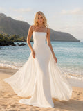 Modern Square Neck Spaghetti Sheath Chiffon Overskirt Beach Wedding Dress front view