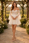 Ivory Off-the-Shoulder Tulle Mini Wedding Dress with Lace Bodice and Sheer Sleeves front view