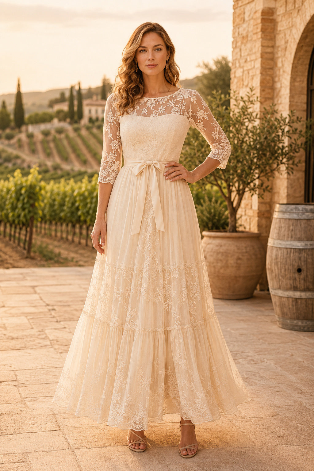 Champagne Long Sleeve Lace Tea-Length Dress with Chiffon Skirt and Sash front view