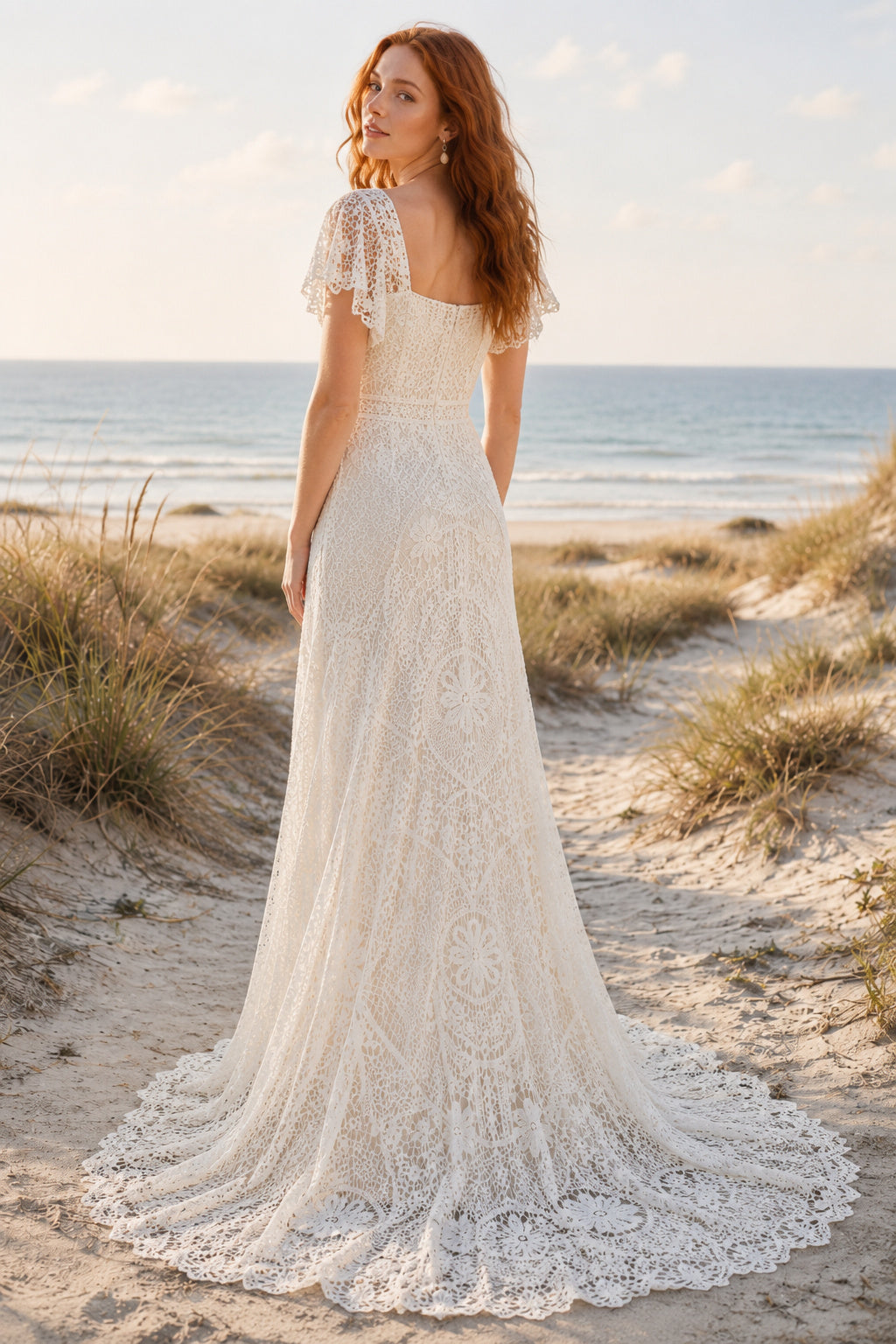 Ivory Cap Sleeve Sheath Lace Beach Wedding Dress with Square Neckline back view