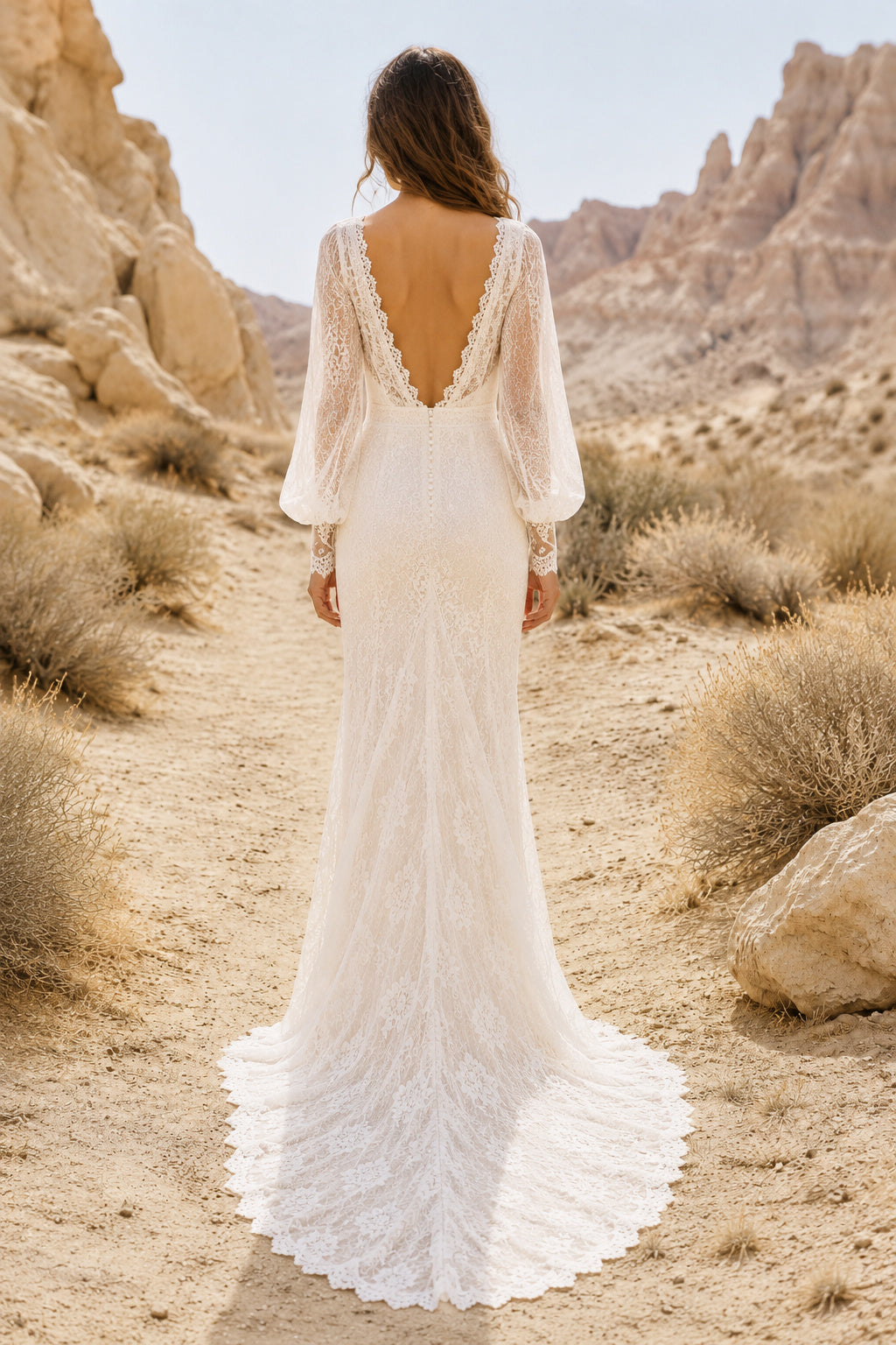 Long Sleeve V-Neck Mermaid Wedding Dress with Lace Overlay and Sweep Train for Beach Garden Ceremony back view