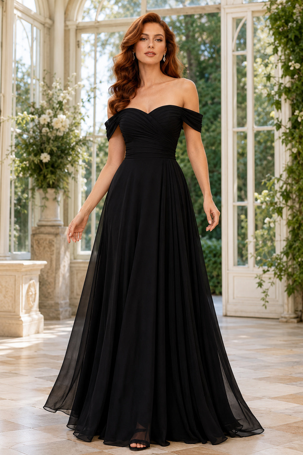 Black off the shoulder chiffon A line gown with clean bodice and soft skirt Floor-length A-Line Bridesmaid Dress front view