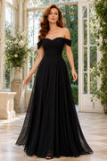 Black off the shoulder chiffon A line gown with clean bodice and soft skirt Floor-length A-Line Bridesmaid Dress front view
