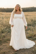 White Plus Size Square Neck Chiffon A-Line Wedding Dress with Long Bishop Sleeves and Train front view