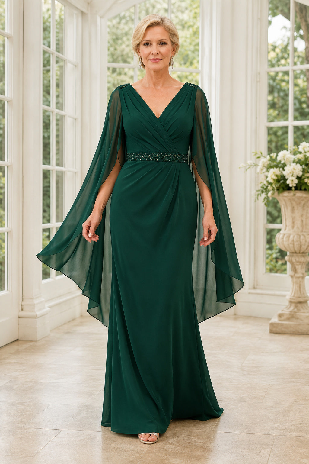 Dark Green V-Neck Sheath Mother Dress with Chiffon Cape Sleeves and Beaded Waist front view