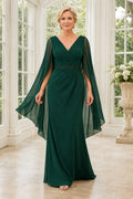 Dark Green V-Neck Sheath Mother Dress with Chiffon Cape Sleeves and Beaded Waist front view