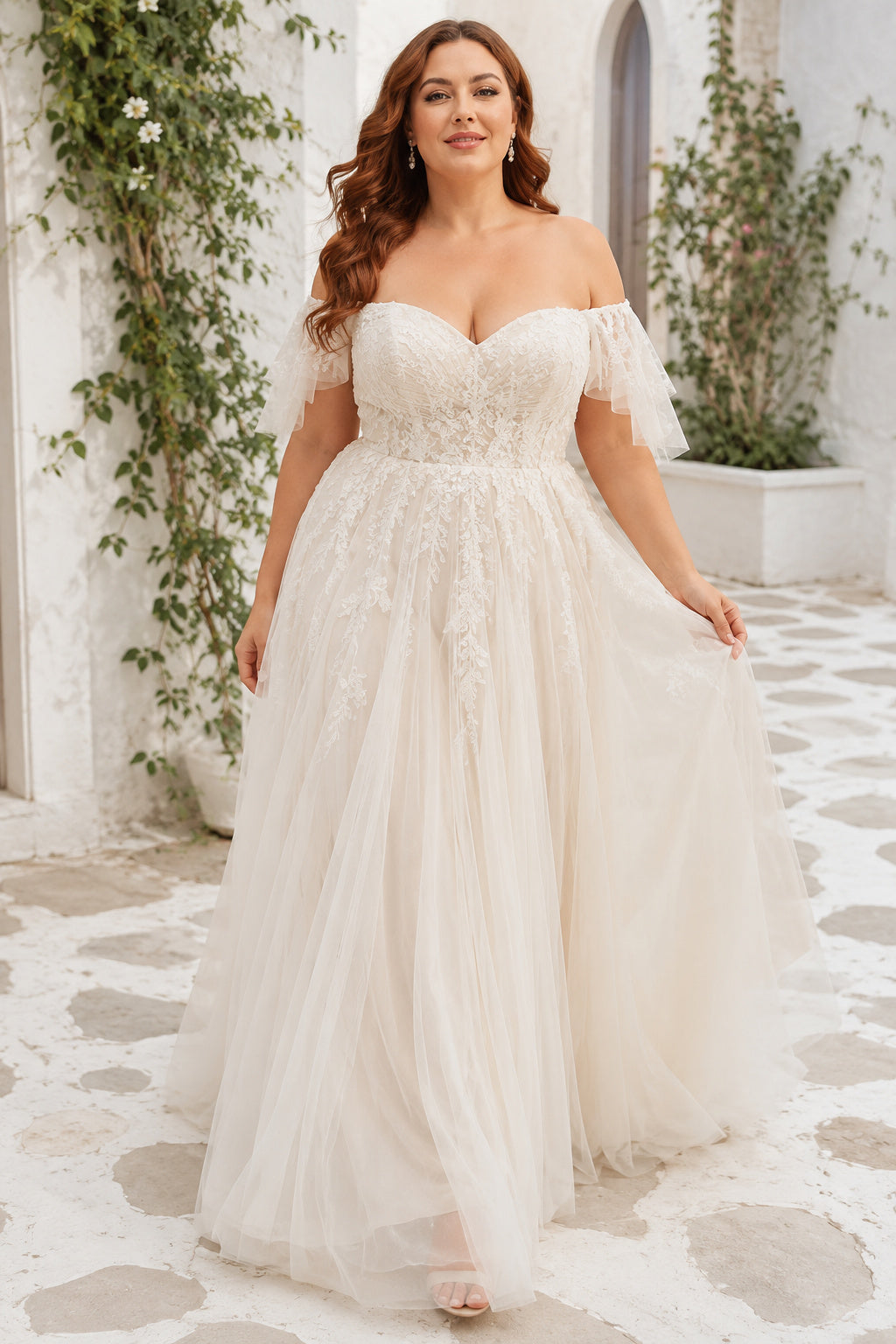 Plus Size Off-the-Shoulder Lace A-Line Wedding Dress with Tulle Train front view