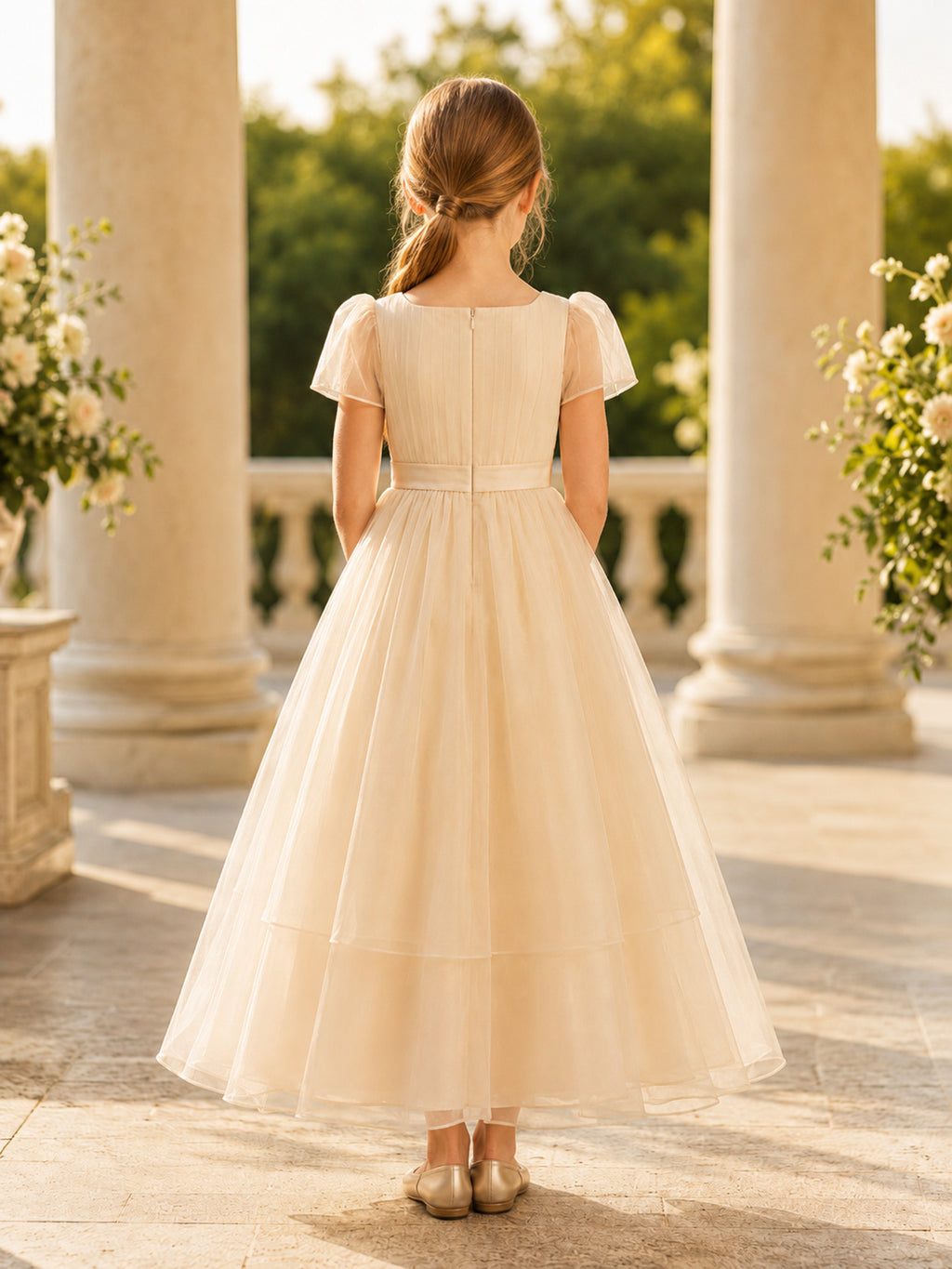 Flower Girl Dress Champagne Tulle A-Line Short Sleeve Jewel Neck Tea Length Pleated Skirt back view