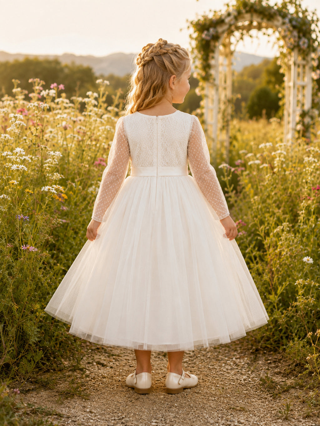 Flower Girl Dress White Tulle A-Line Sleeveless Jewel Neck Tea Length Pleated Skirt back view
