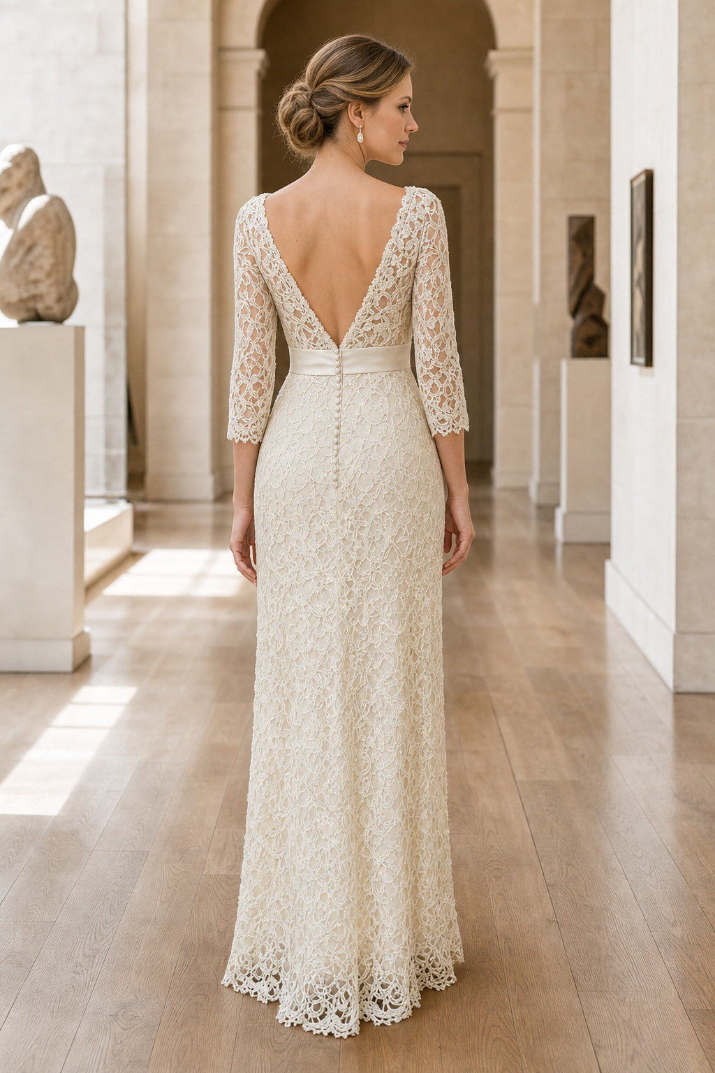 Ivory Jewel Long Sleeves Sheath Lace Floor-length Wedding Dress With Lace and Sash and Open Back