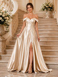 Champagne Off Shoulder Satin Slit A Line Formal Dress front view