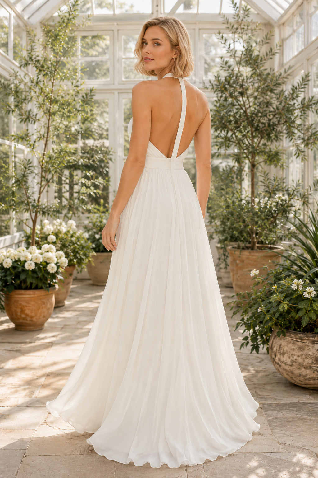 Ivory High Neck Halter Chiffon A-Line Wedding Dress with Open Back and Train back view