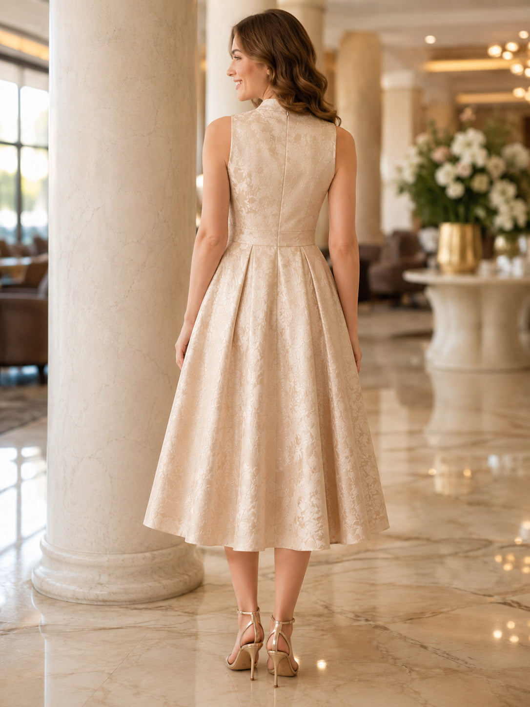 Champagne Jacquard Jugendweihe A Line Tea Length High Neck Sleeveless Dress back view