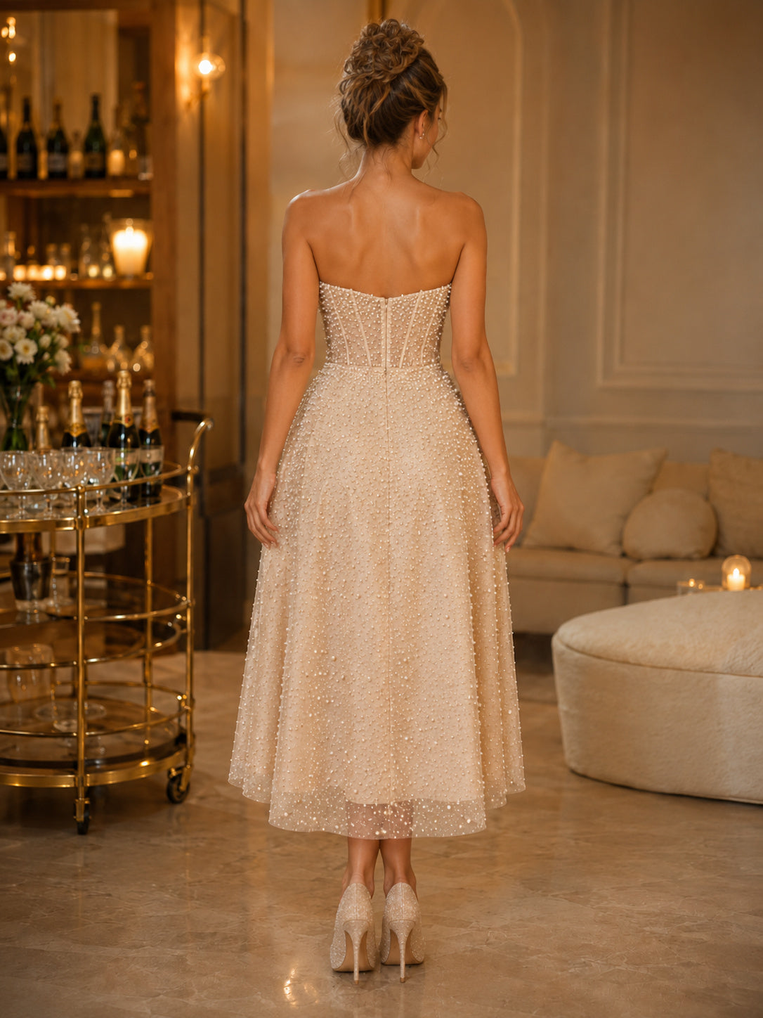 Champagne Strapless Sweetheart Beaded Tea-Length Reception Bridal Dress back view