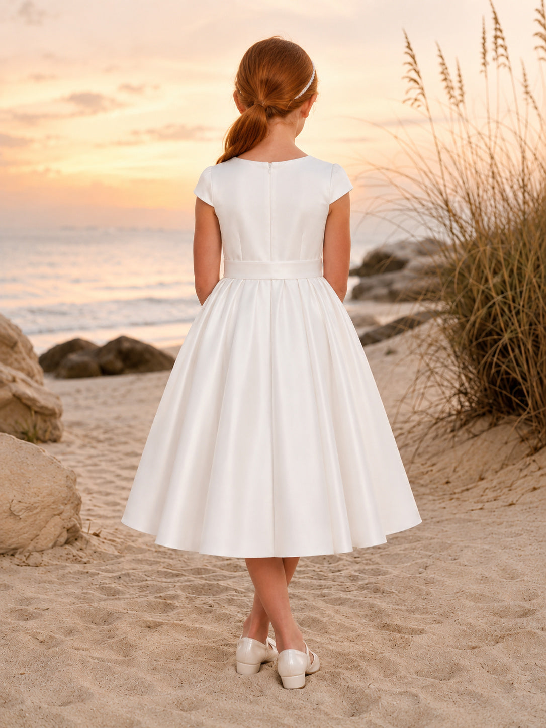 Satin Cap Sleeve Tea-Length A-Line Flower Girl Beach Wedding Dress With Floral Applique back view