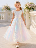 Opalescent Romantic A-Line Tulle Flower Girl Dress Petal Sleeve Square Neck Floor-Length Airy Layers front view