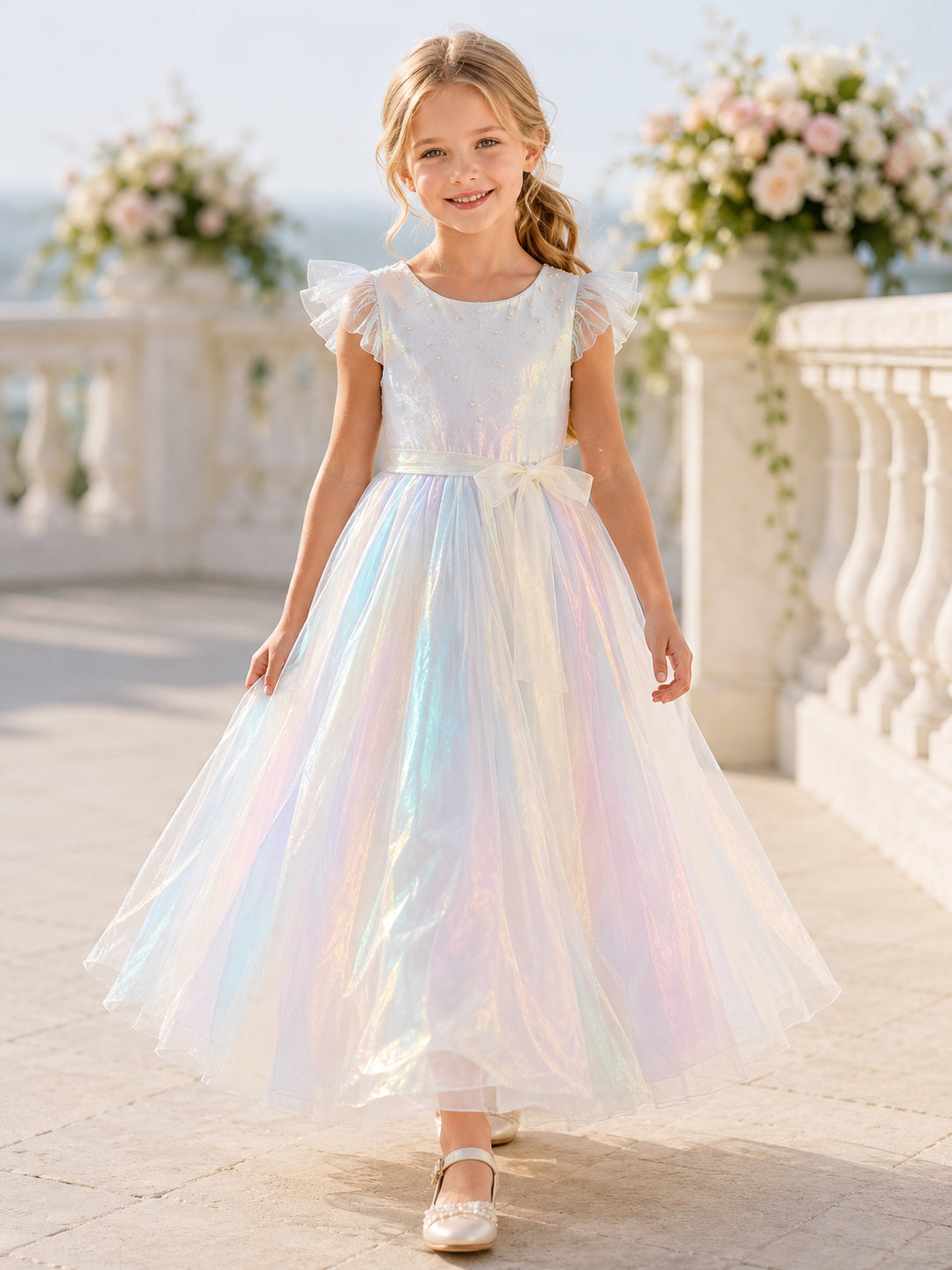 Opalescent Romantic A-Line Tulle Flower Girl Dress Petal Sleeve Square Neck Floor-Length Airy Layers front view