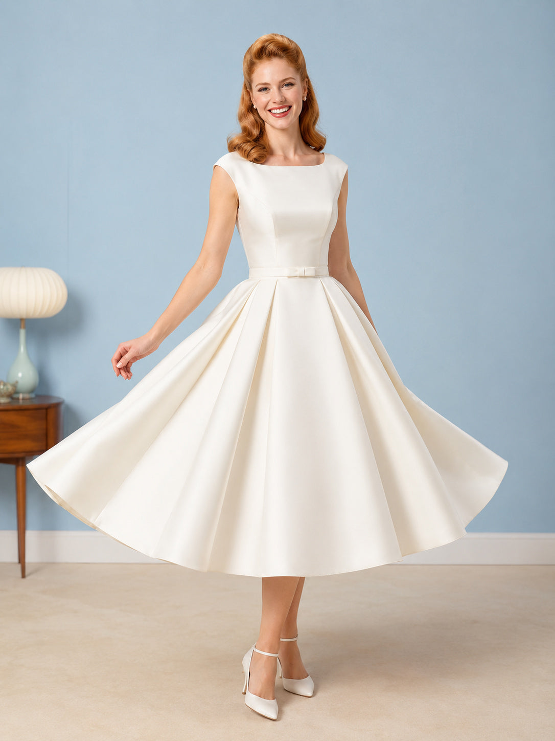1950s Vintage Bateau Cap Sleeve Satin A-Line Tea-Length Civil Wedding Dress front view