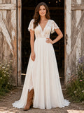 Southern Country Boho Simple Romantic A-Line Chiffon Wedding Dress with V-Neck Flutter Sleeves Short Sleeve Floor-Length Spli