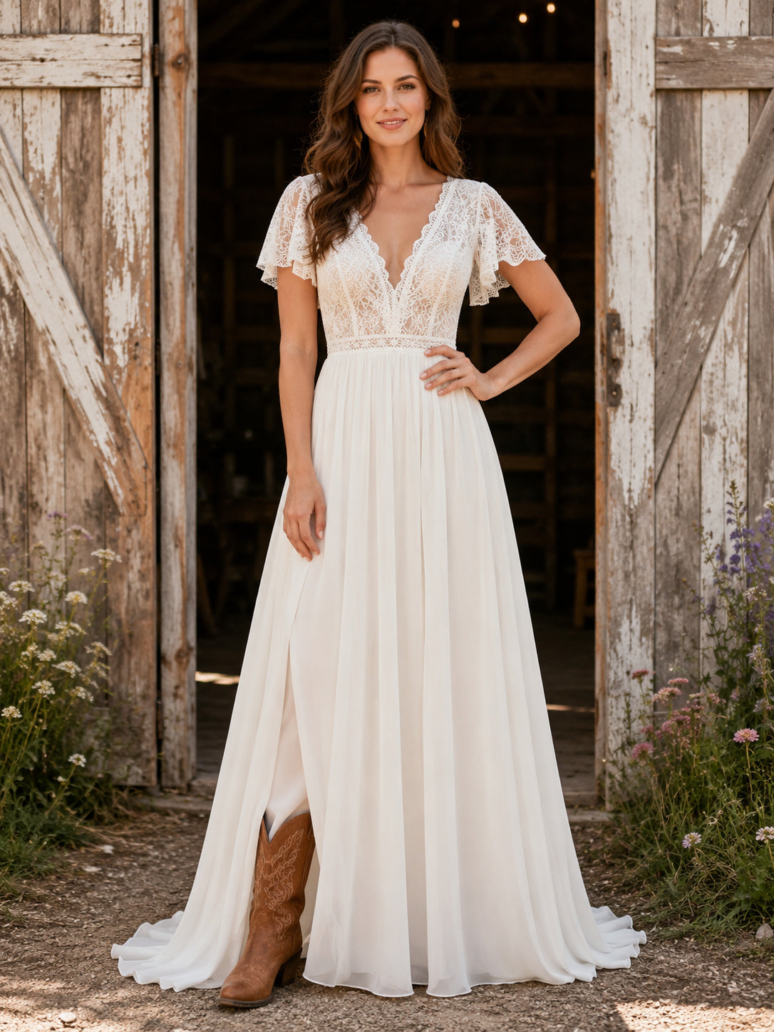 Southern Country Boho Simple Romantic A-Line Chiffon Wedding Dress with V-Neck Flutter Sleeves Short Sleeve Floor-Length Spli