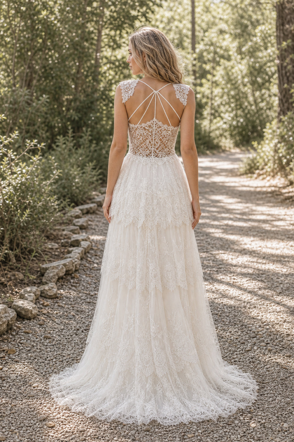 White Illusion A-Line Chiffon Floor-length Wedding Dress With Front Slit and Beaded Waist Lace Hem Detail