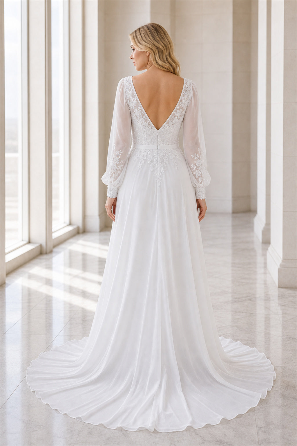 White V-neck Flutter Sleeves A-Line Chiffon Floor-length Wedding Dress With Layered Skirt and Beaded Bodice and Open Back