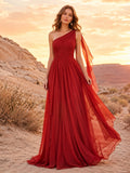 Red Boho One Shoulder Draped Chiffon Wedding Dress front view