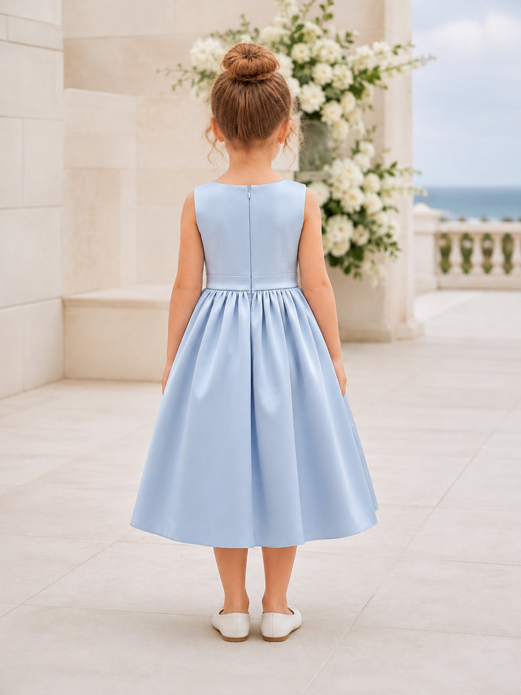 Steel Blue Pleated Satin A-Line Flower Girl Dress with Jewel Neck, Sleeveless, and Tea-length Skirt back view