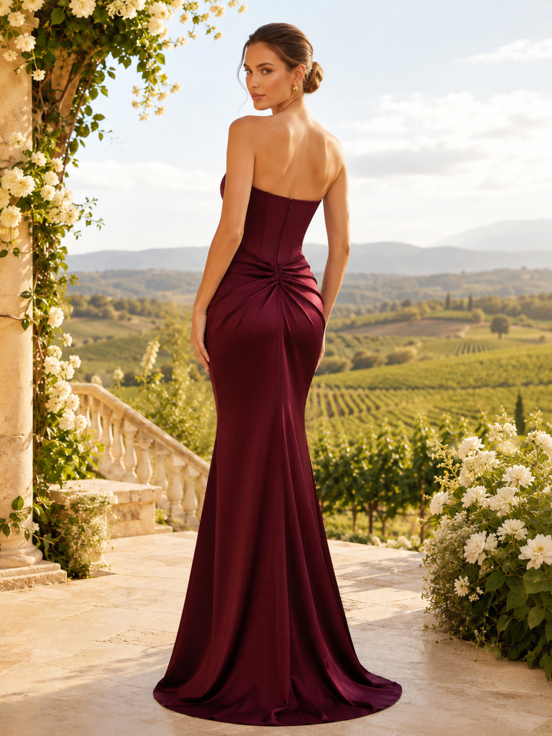 Burgundy Strapless Sweetheart Ruched Satin Mermaid Sweep Vineyard Guest Gown back view