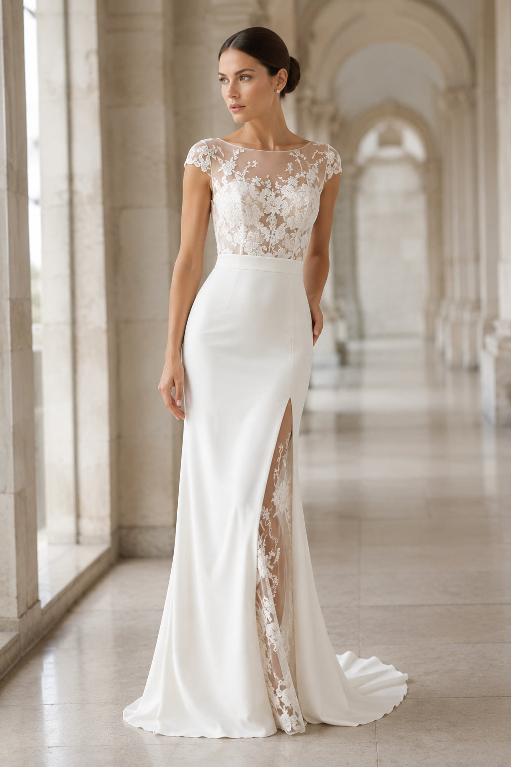 Wedding Sheath Satin Dress with Illusion Lace Cap Sleeves and Split Front front view