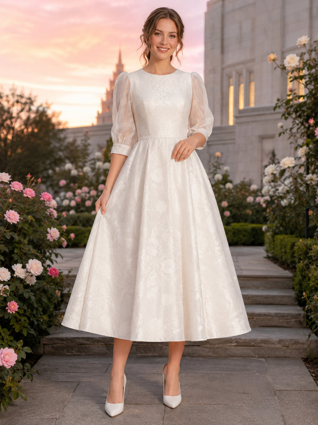 Modest Jewel Neck Sheer Puff Sleeve Tea Length Wedding Dress front view