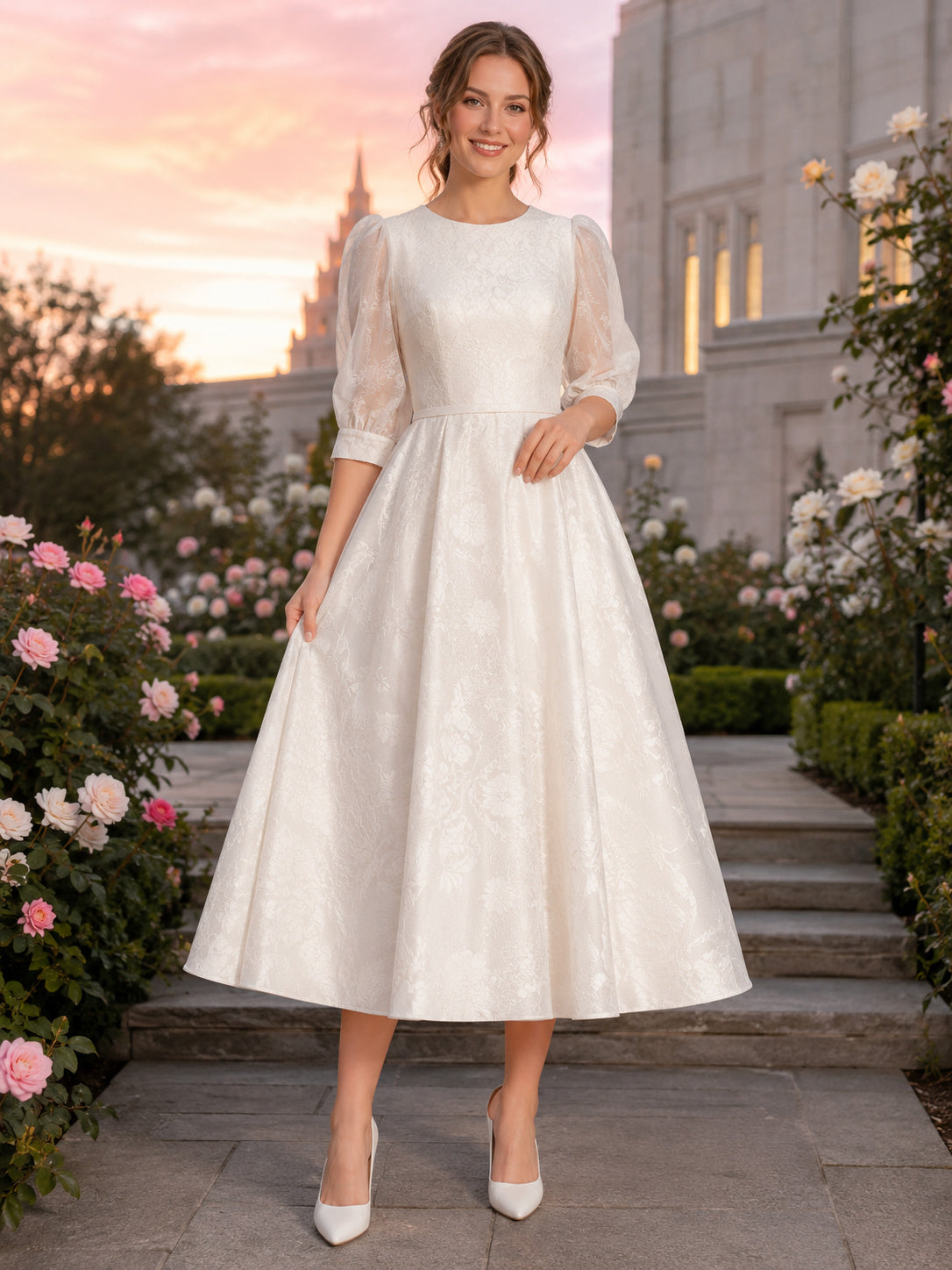 Modest Jewel Neck Sheer Puff Sleeve Tea Length Wedding Dress front view