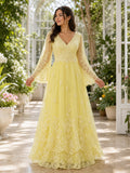 V-neck Long Sleeve A-Line Lace Floor-Length Dress With Appliques