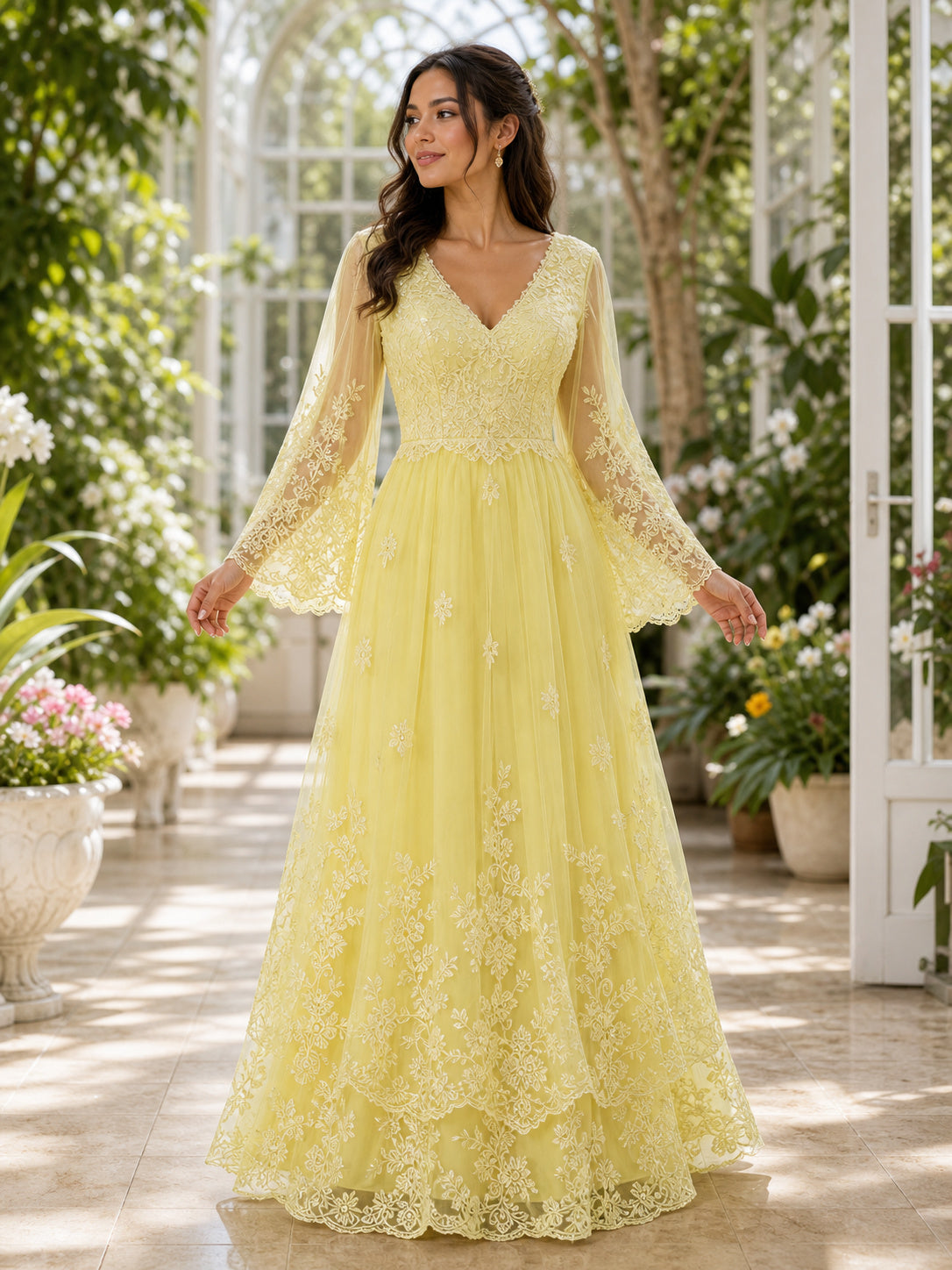 V-neck Long Sleeve A-Line Lace Floor-Length Dress With Appliques