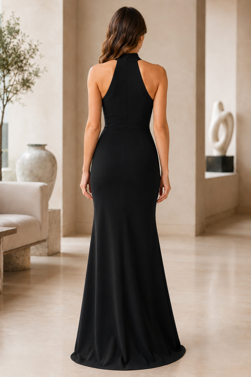 Black High Neck Sleeveless Sheath Evening Dress with Simple Floor Skirt back view