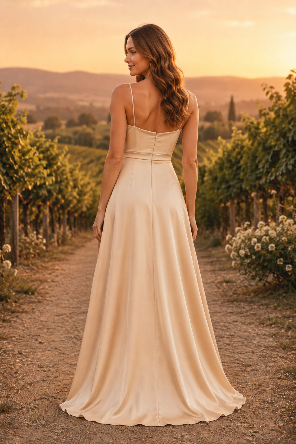 Champagne Cowl Neck Satin A-Line Wedding Dress with Spaghetti Straps and Clean Floor Length Skirt back view