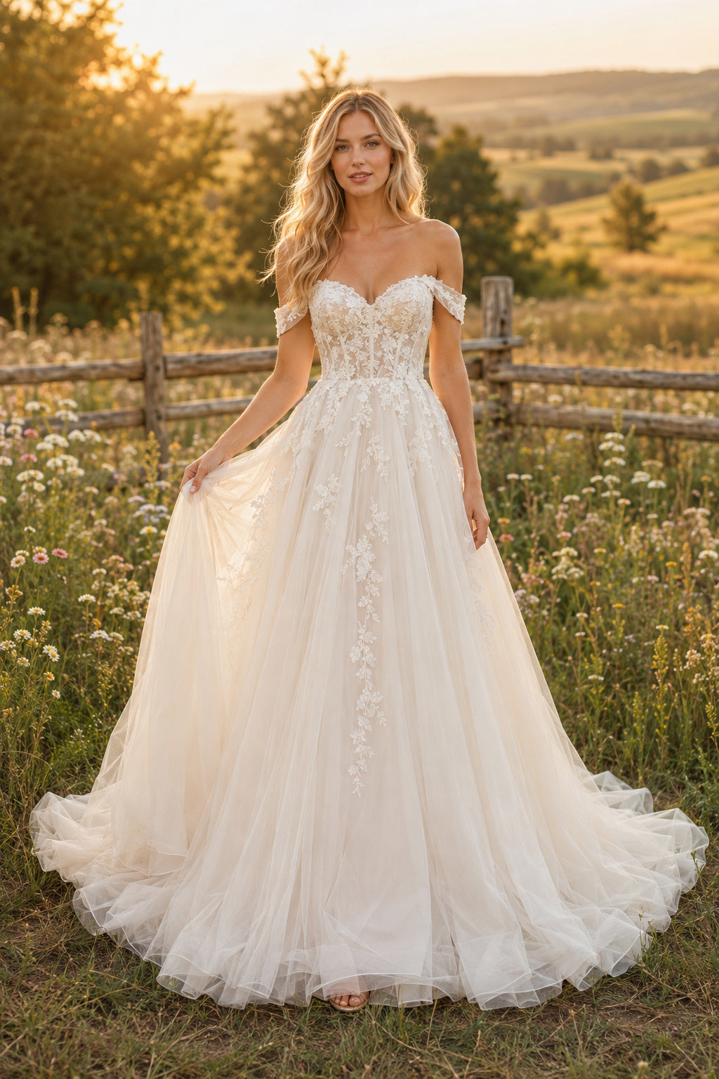 Off the Shoulder A-Line Wedding Dress with Lace Bodice and Soft Tulle Train for Rustic Garden Ceremony front view